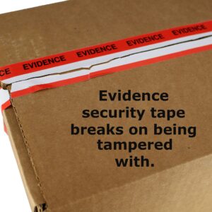 ChromaLabel 1.37 Inch Imprinted Evidence Tape Stickers, Tamper Evident Tape Crime Scene Decorations - 480 Inch Roll (13.33 Yards) with Dispenser Box, Red and White