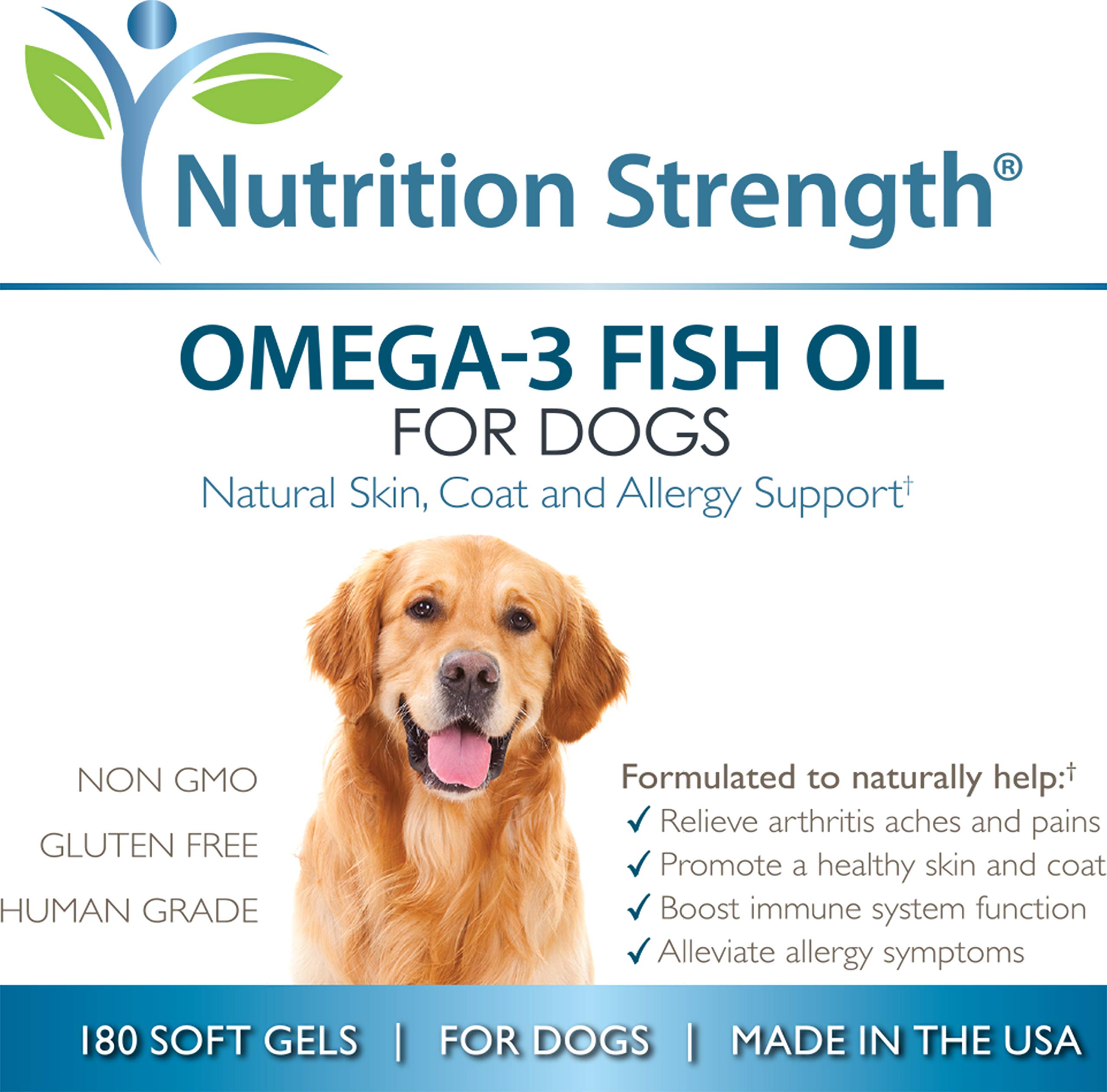 Nutrition Strength Omega 3 Fish Oil Soft Gels for Dogs with EPA & DHA Fatty Acids for Heart, Skin, Coat & Allergy Support, Hip & Joint & Arthritis Dog Supplement, 180 Soft Gels