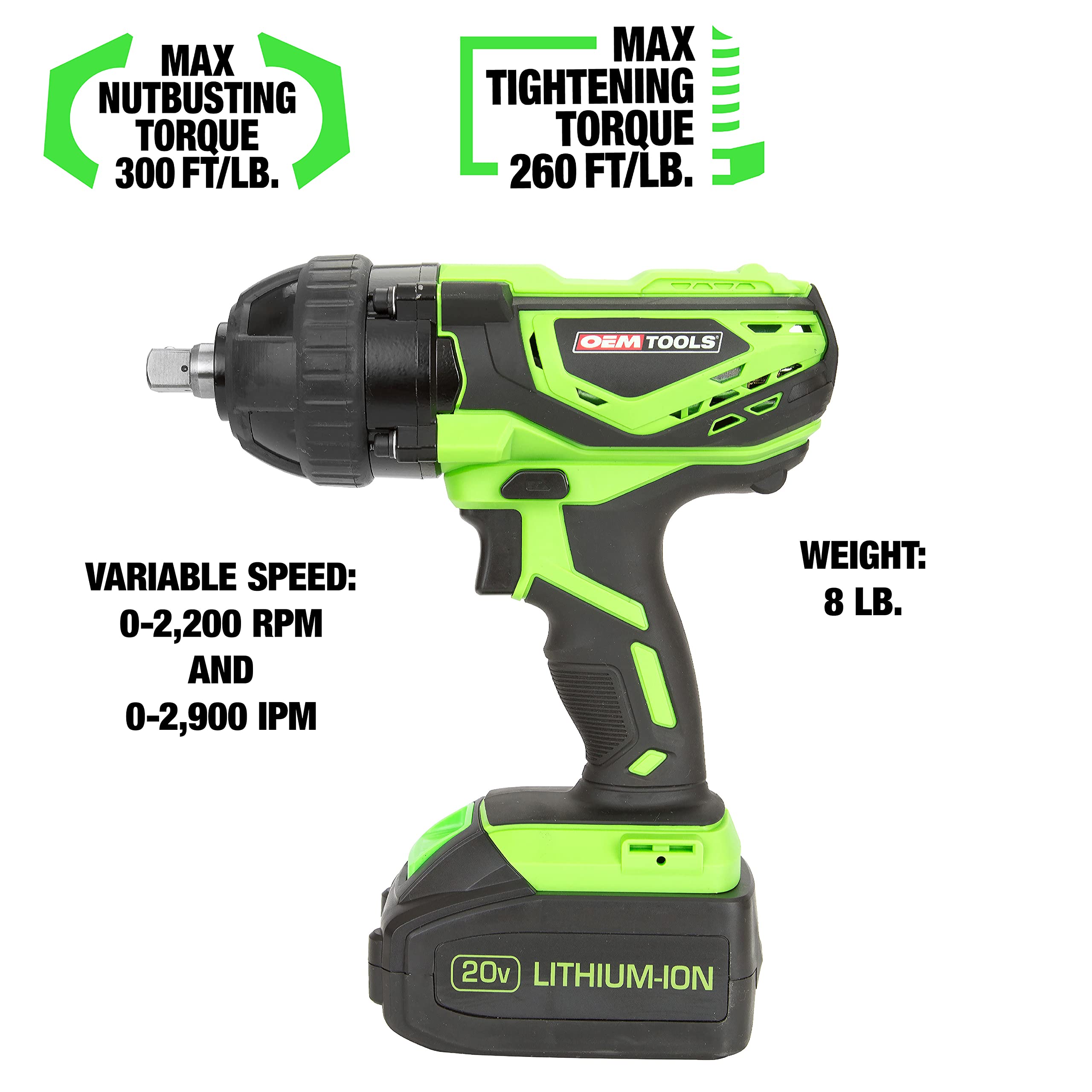 OEMTOOLS 24481 20V Max Impact Wrench with 1/2 Inch Drive Anvil, Lithium-Ion Battery, Rechargeable Impact Gun, Powerful Motor, 260 Ft/Lbs. Tightening Torque