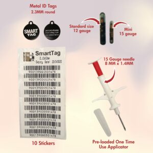 SMART TAG ISO Data Microchip with Lifetime Pet Recovery Service/24-7 US Call Center/Free Registration, Implanter & Metal ID Tag for Dogs, Cats, Horses & All Animals, 12 Gauge/25 Pack