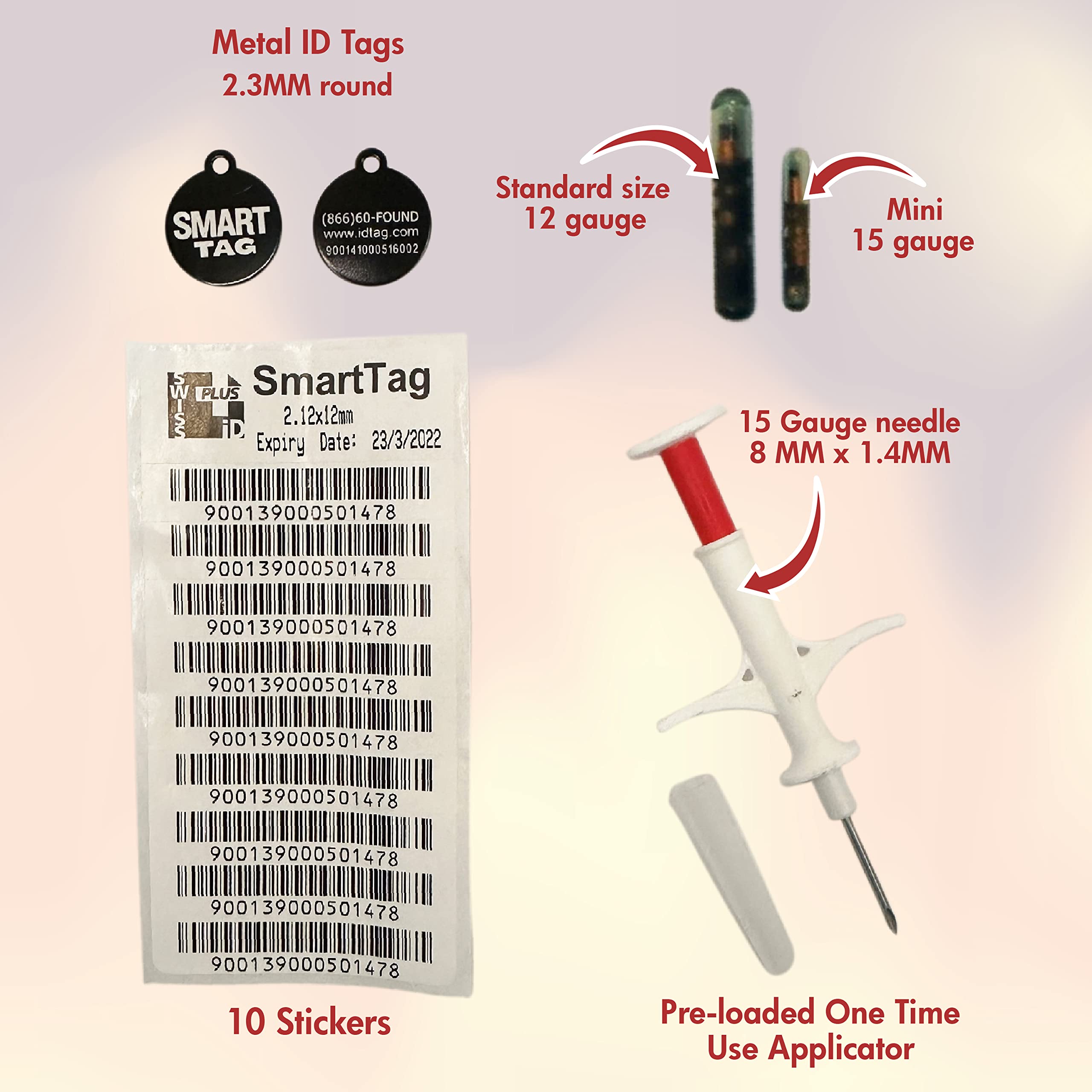 SMART TAG ISO Data Microchip with Lifetime Pet Recovery Service/24-7 US Call Center/Free Registration, Implanter & Metal ID Tag for Dogs, Cats, Horses & All Animals, 12 Gauge/25 Pack