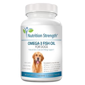 nutrition strength omega 3 fish oil soft gels for dogs with epa & dha fatty acids for heart, skin, coat & allergy support, hip & joint & arthritis dog supplement, 180 soft gels