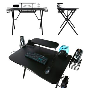 Atlantic Gaming Desk with Carbon-Fiber Desktop, X-Legs, Detachable Monitor Platform, Tablet/Phone Holder, Speaker Stands - Black