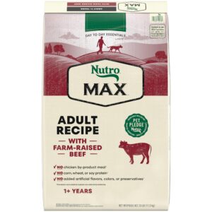 nutro max adult recipe dry dog food with farm raised beef, 25 lb bag