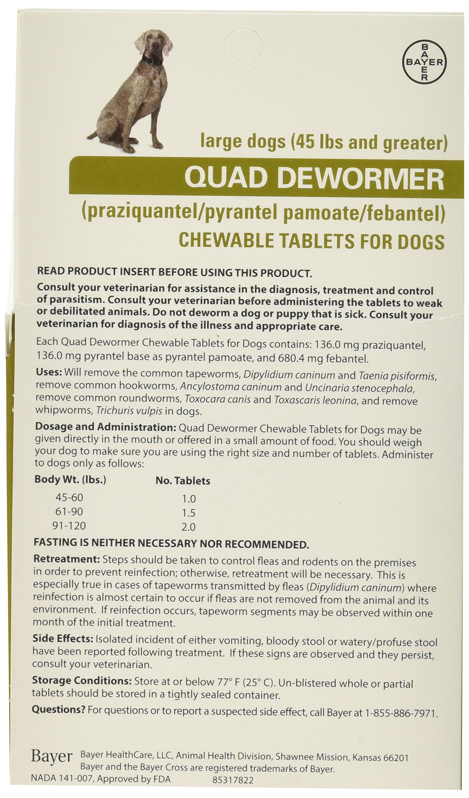 Bayer Animal Health Quad Dewormer for Large Dogs (Over 45 lbs) 2 Chewable Tablets