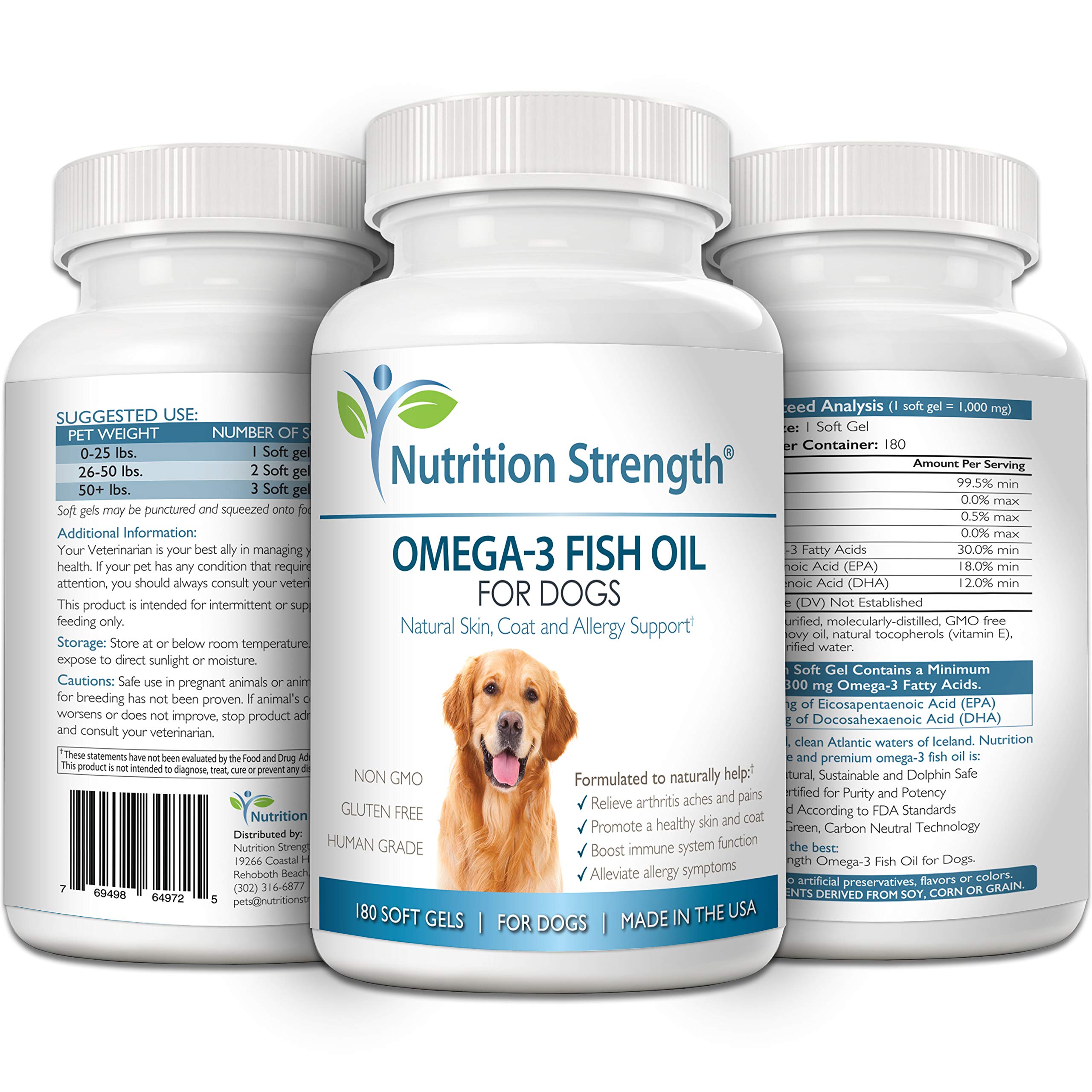 Nutrition Strength Omega 3 Fish Oil Soft Gels for Dogs with EPA & DHA Fatty Acids for Heart, Skin, Coat & Allergy Support, Hip & Joint & Arthritis Dog Supplement, 180 Soft Gels