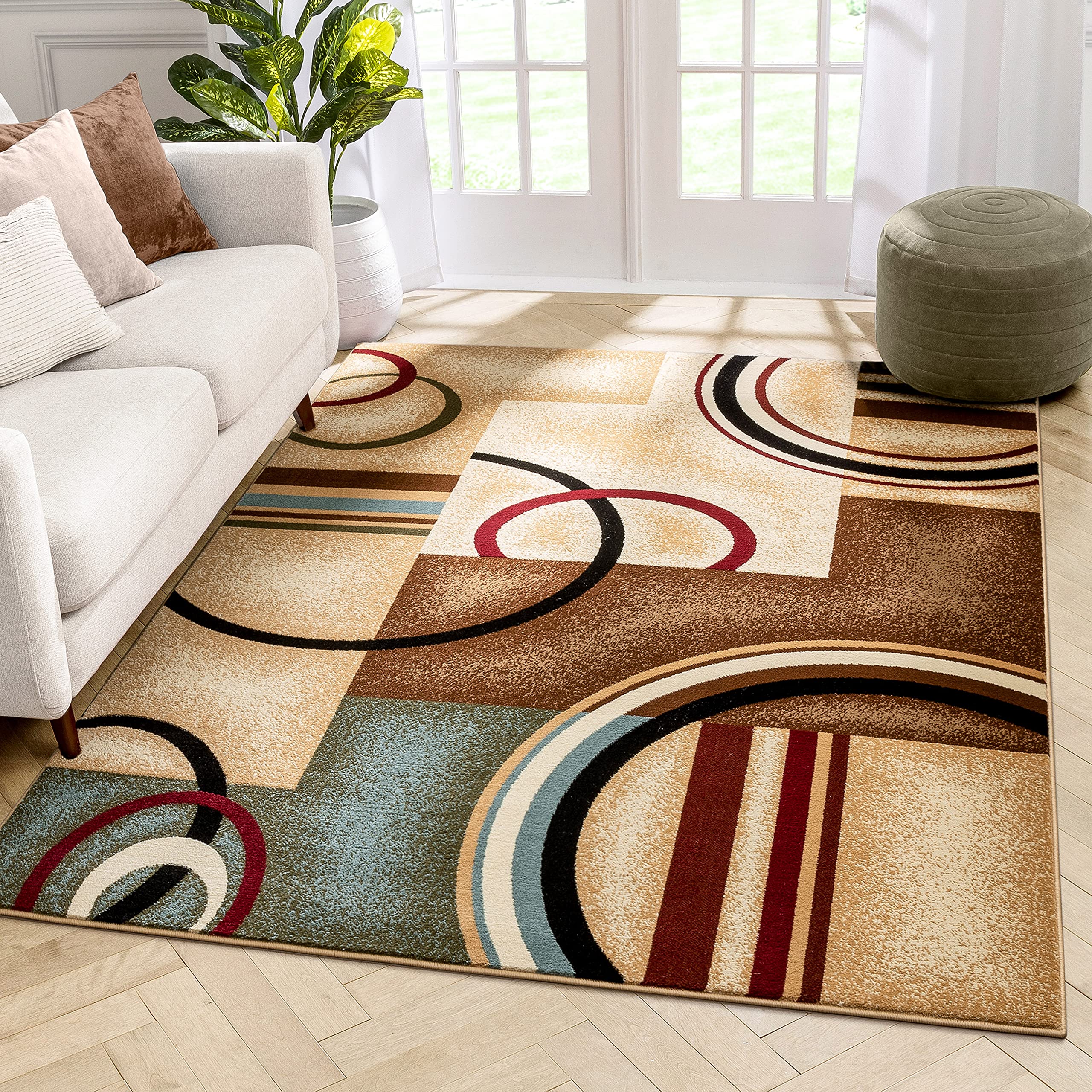 Well Woven Barclay Collection Arcs & Shapes Red 5x7 Area Rug - for Living Room, Bedroom, and Dining Room