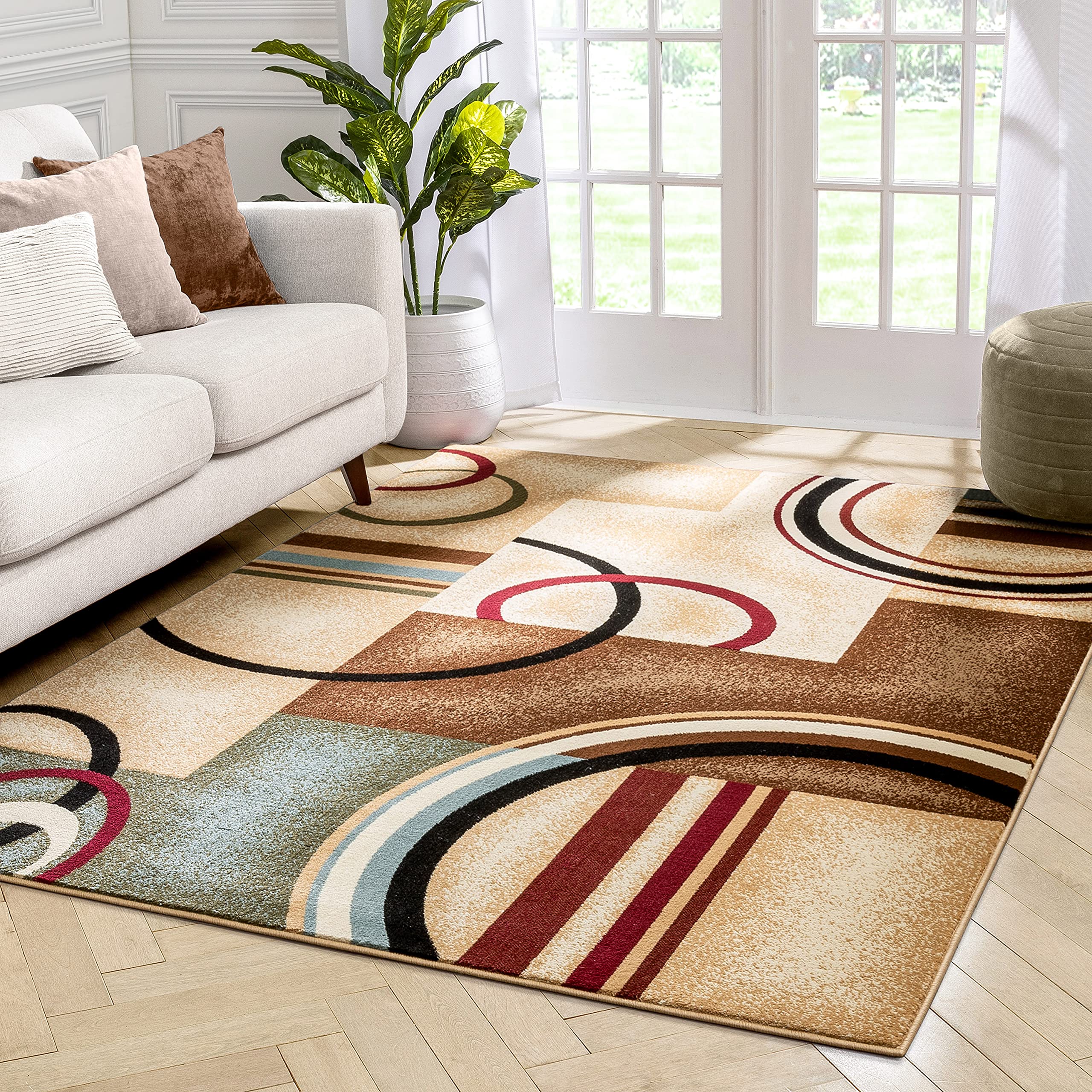 Well Woven Barclay Collection Arcs & Shapes Red 5x7 Area Rug - for Living Room, Bedroom, and Dining Room