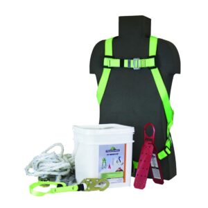 peakworks osha compliant, fall protection roofer's kit, safety harness (universal fit), rope grab, 25' vertical lifeline, and reusable roof bracket, white/green, v8257272