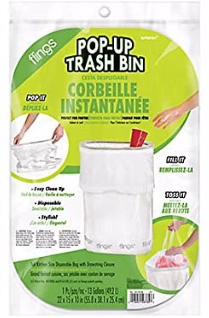 Flings® Bin Disposable Trash Can for Parties - 13 Gallon Plastic Pop Up Garbage Can (1 Pc) Perfect Solution for Waste at Events and Parties - White