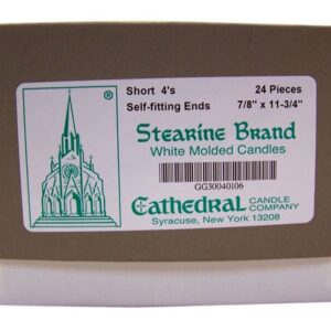 Cathedral Brand White Molded Stearine Candles Short 4's with Self-Fitting Ends, 7/8 Inch x 11 3/4 Inch, Box of 24