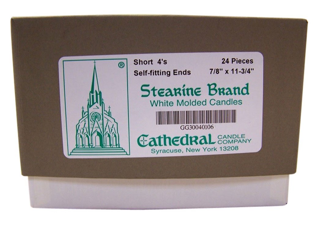 Cathedral Brand White Molded Stearine Candles Short 4's with Self-Fitting Ends, 7/8 Inch x 11 3/4 Inch, Box of 24