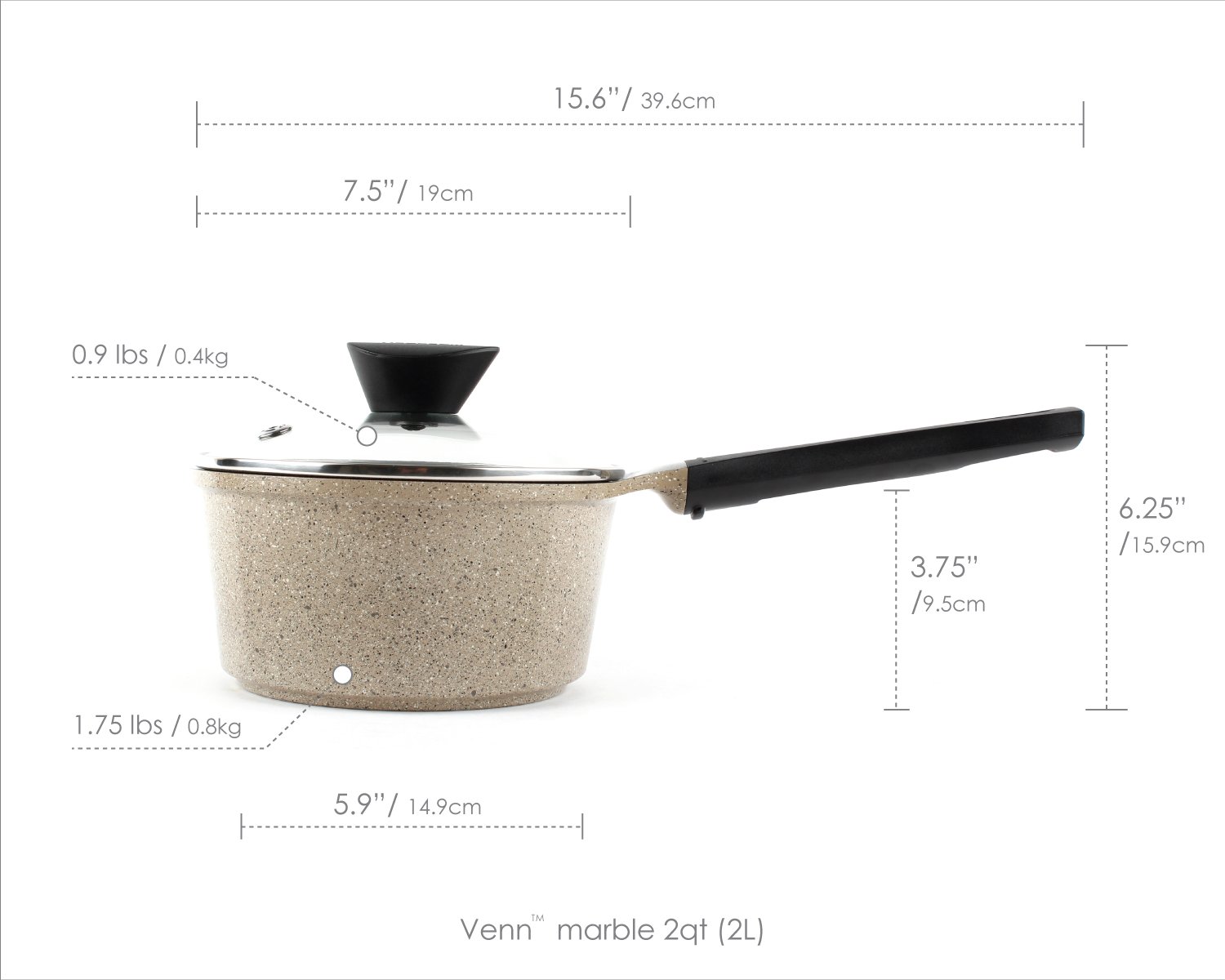 Kitchen Nonstick 2QT Saucepan with Lid, Healthy Cooking Melting Warming Milk Boiling Cookware with Handle, Non-Stick Ceramic Coating Sauce Pot, Marble Color, Dishwasher Safe, Made in Korea (7" / 18cm)