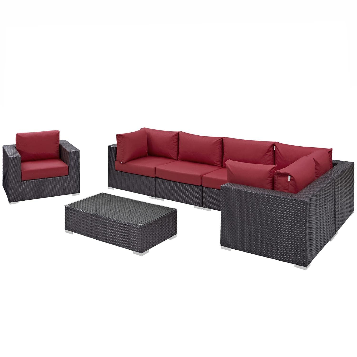 Modway Convene Wicker Rattan 7-Piece Outdoor Patio Sectional Sofa Furniture Set in Espresso Red