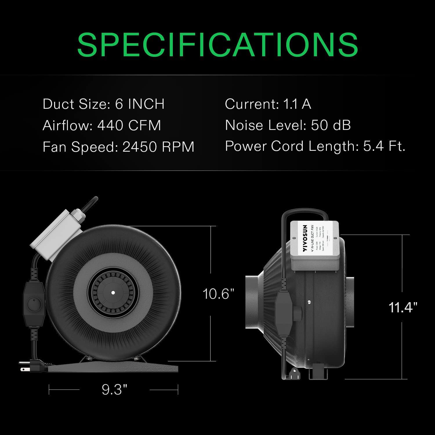 VIVOSUN Z6 6 Inch Inline Duct Fan, 440 CFM Ventilation Fan with Variable Speed Controller for Grow Tent, Indoor Garden Ventilation, Black