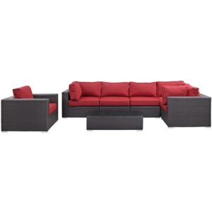 Modway Convene Wicker Rattan 7-Piece Outdoor Patio Sectional Sofa Furniture Set in Espresso Red