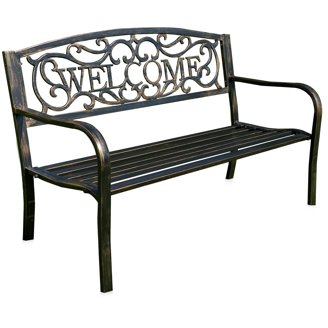 BELLEZE Outdoor Garden Bench, 50 inch Cast Iron Metal Loveseat Chairs with Armrests for Park, Yard, Porch, Lawn, Balcony, Backyard, Antique Patio Seat Furniture Welcome Design, Brown