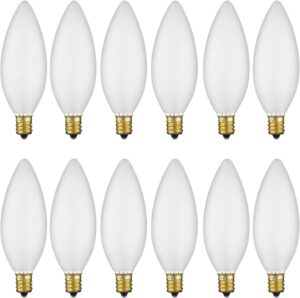 sunlite b10 incandescent petite chandelier light bulb, 15 watts, frosted, 70 lumens, 120 volts, candelabra (e12) base, torpedo tip, dimmable, title-20 compliant, 2600k warm white, 12 count