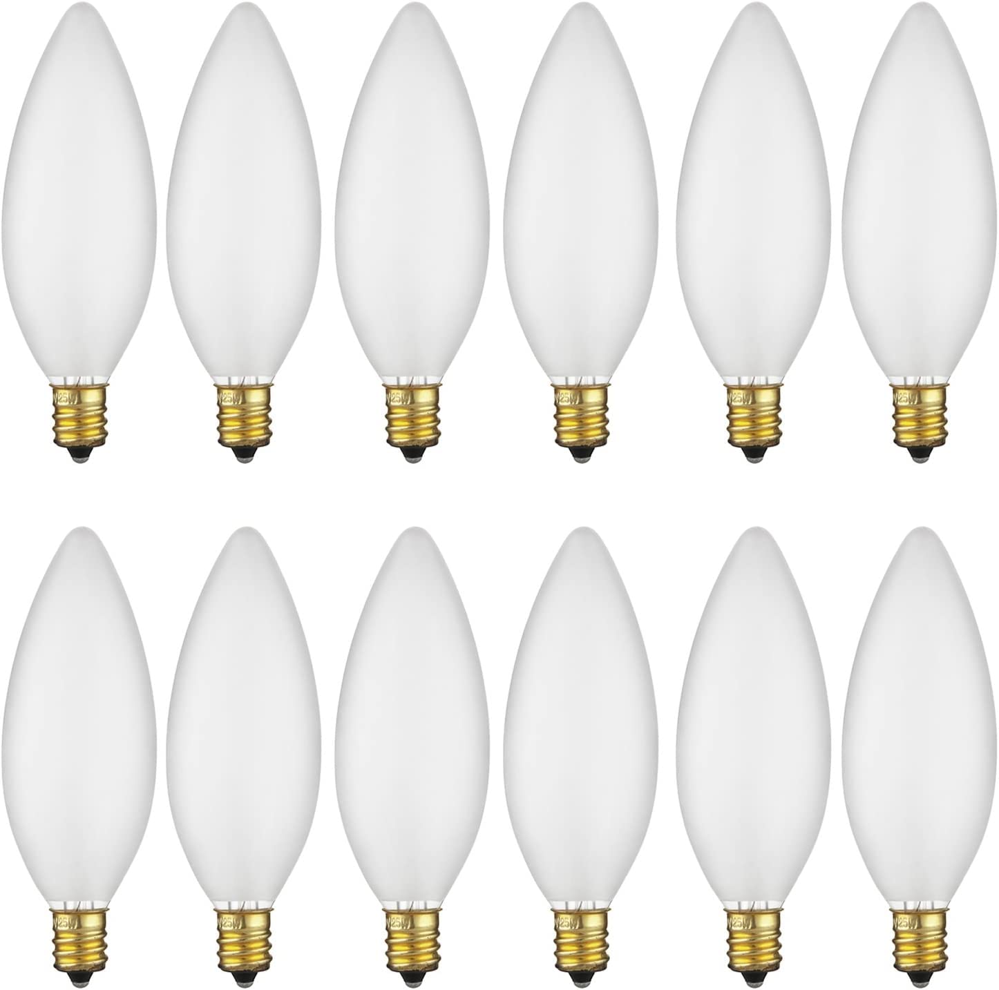 Sunlite B10 Incandescent Petite Chandelier Light Bulb, 15 Watts, Frosted, 70 Lumens, 120 Volts, Candelabra (E12) Base, Torpedo Tip, Dimmable, Title-20 Compliant, 2600K Warm White, 12 Count