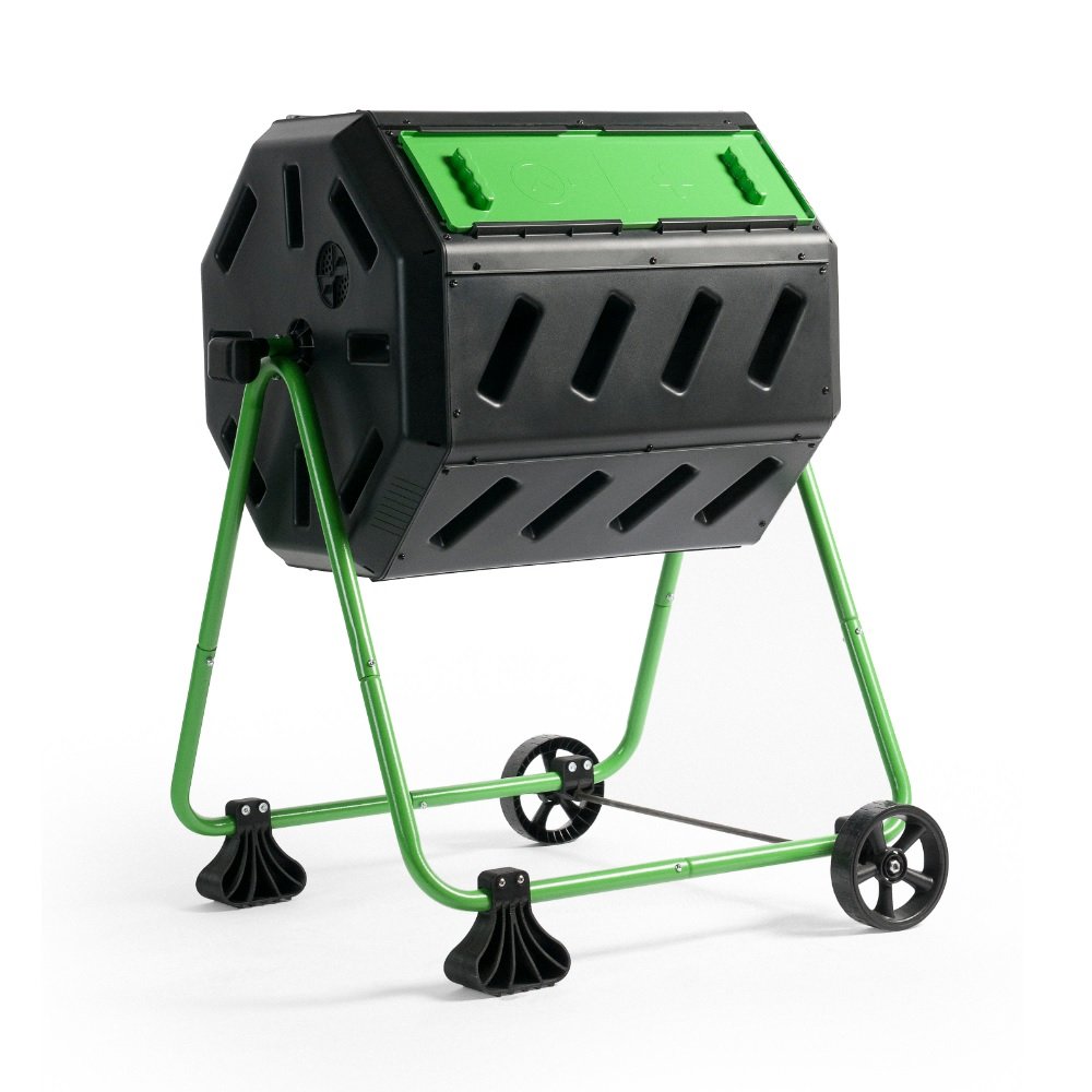 FCMP Outdoor HOTFROG Mobile 43-Gallon Dual Chamber Continuous Tumbling Composter with Wheels - Outdoor Rotating Garden Compost Bin, Black & Green