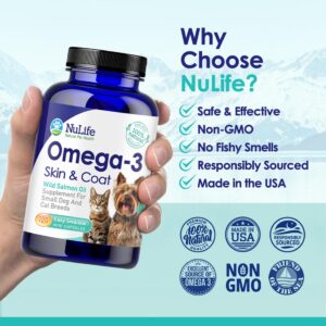 Omega 3 Fish Oil for Small Dogs & Cats - Pet Fish Oil Supplement with DHA & EPA Fatty Acids for Healthy Skin and Coat - Improves Shedding & Relieves Dry, Itchy Skin - 500mg - 120 Capsules