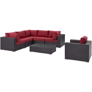 Modway Convene Wicker Rattan 7-Piece Outdoor Patio Sectional Sofa Furniture Set in Espresso Red