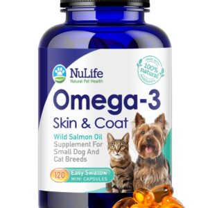 Omega 3 Fish Oil for Small Dogs & Cats - Pet Fish Oil Supplement with DHA & EPA Fatty Acids for Healthy Skin and Coat - Improves Shedding & Relieves Dry, Itchy Skin - 500mg - 120 Capsules