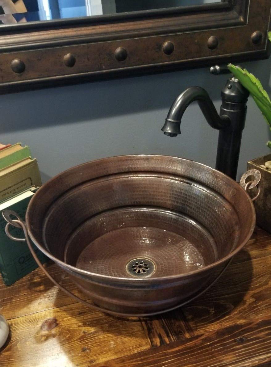 SimplyCopper 15" Rustic Round Copper BUCKET Vessel Bath Sink with a Daisy Drain