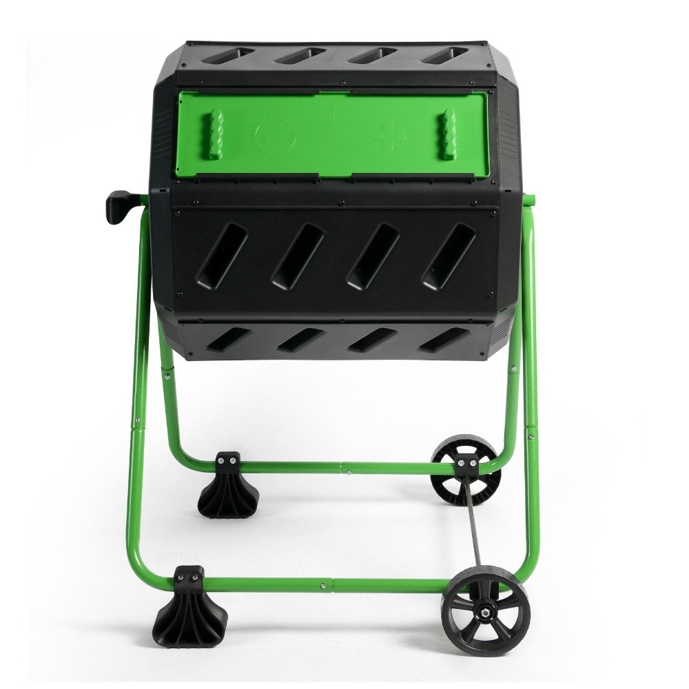 FCMP Outdoor HOTFROG Mobile 43-Gallon Dual Chamber Continuous Tumbling Composter with Wheels - Outdoor Rotating Garden Compost Bin, Black & Green