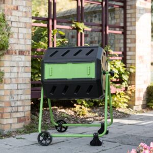 FCMP Outdoor HOTFROG Mobile 43-Gallon Dual Chamber Continuous Tumbling Composter with Wheels - Outdoor Rotating Garden Compost Bin, Black & Green