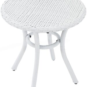 Crosley Furniture Palm Harbor All Weather Rattan Wicker Round Outdoor Side Table for Patio, Deck, Porch, White