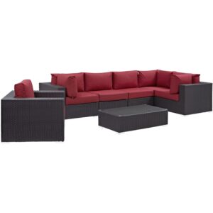 modway convene wicker rattan 7-piece outdoor patio sectional sofa furniture set in espresso red