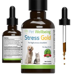 pet wellbeing stress gold for dogs - vet-formulated - calming and relaxing support for high-stress situations - natural herbal supplement 2 oz (59 ml)