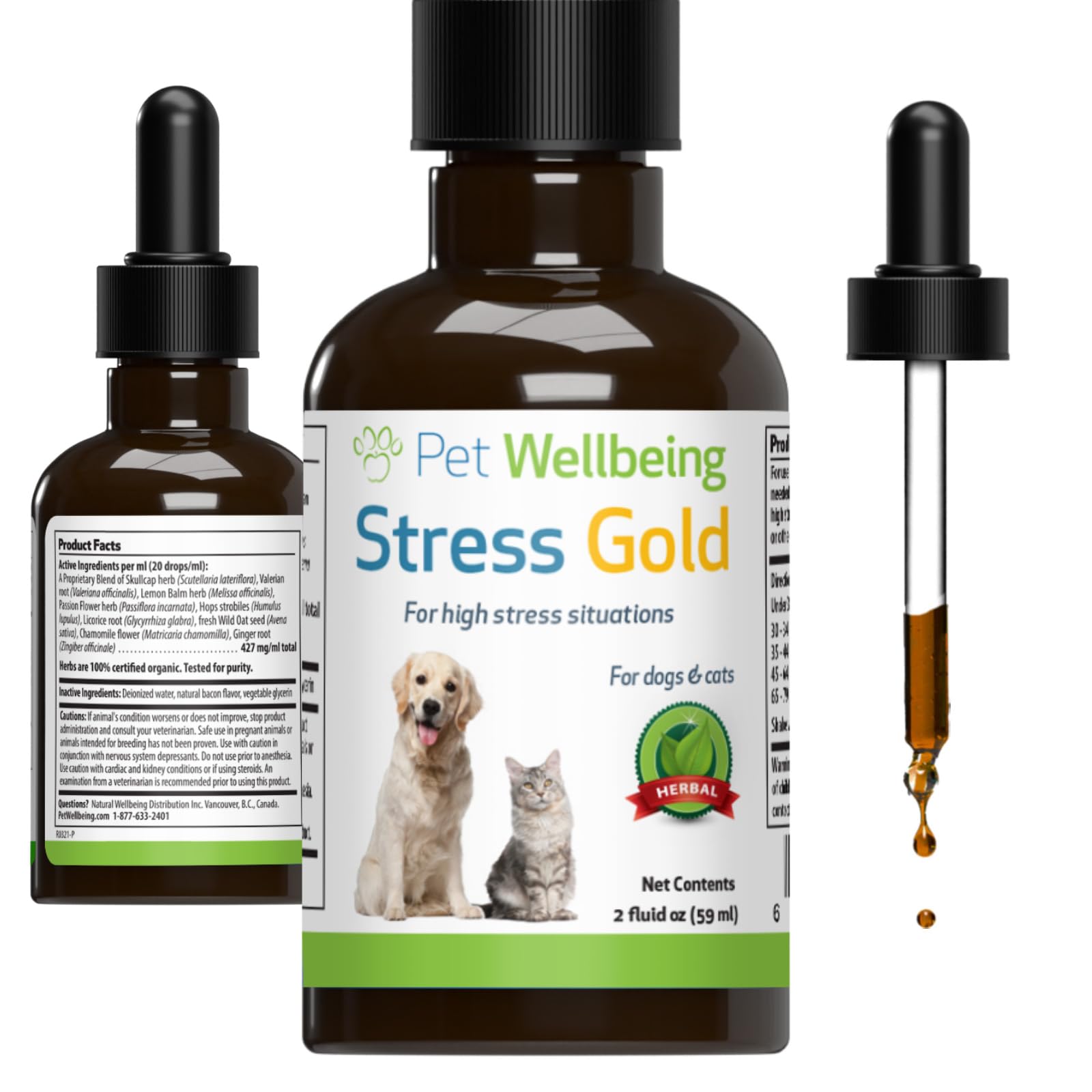 Pet Wellbeing Stress Gold for Dogs - Vet-Formulated - Calming and Relaxing Support for High-Stress Situations - Natural Herbal Supplement 2 oz (59 ml)