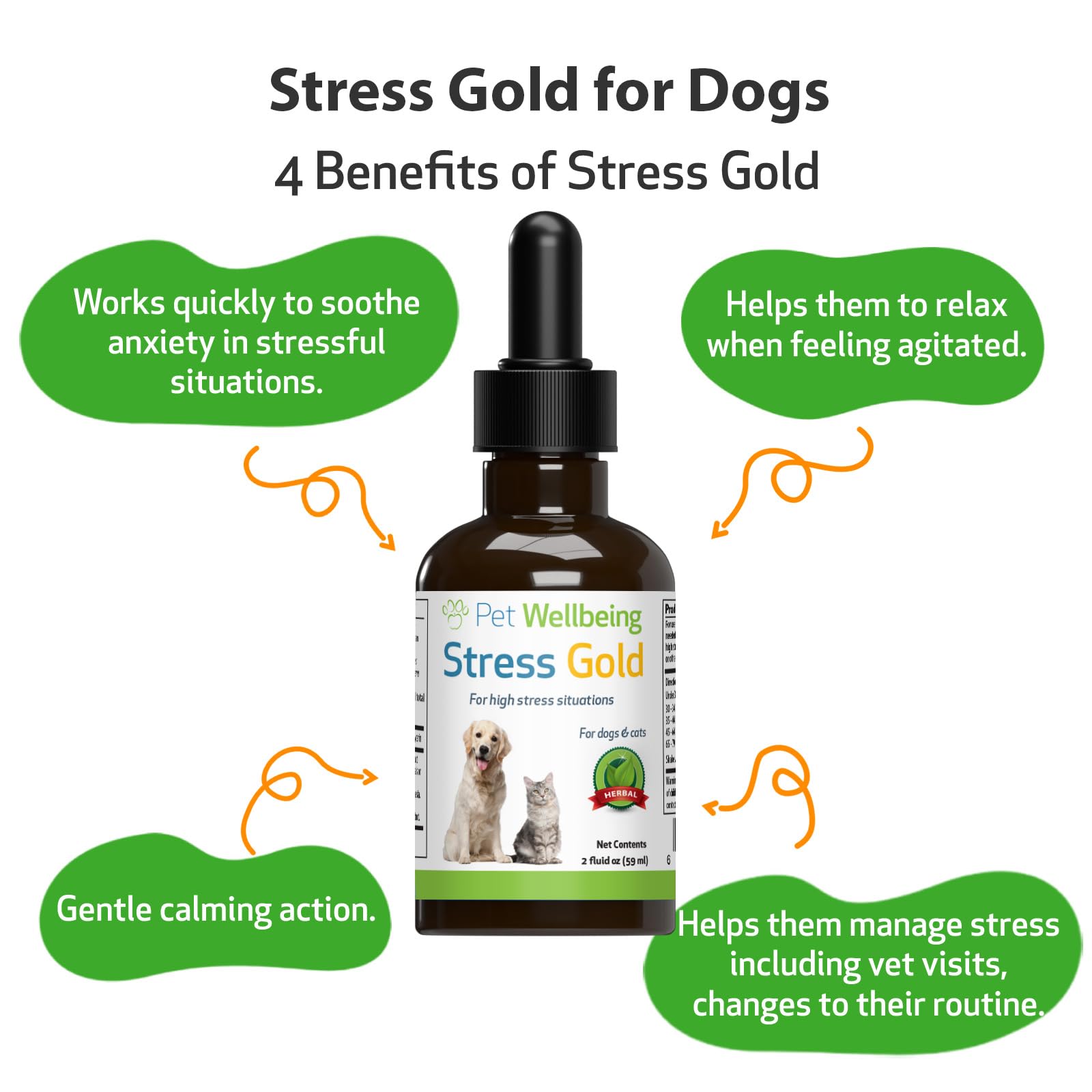 Pet Wellbeing Stress Gold for Dogs - Vet-Formulated - Calming and Relaxing Support for High-Stress Situations - Natural Herbal Supplement 2 oz (59 ml)