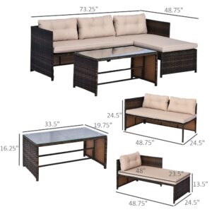 Outsunny 3 Piece Patio Furniture Set, Rattan Outdoor Sofa Set with Chaise Lounge & Loveseat, Soft Cushions, Tempered Glass Table, L-Shaped Sectional Couch, Beige