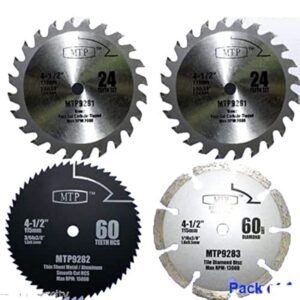 pack of 4 assorted metal/wood 4-1/2" 4.5 inch circular saw blade for rockwell compact rk3441k , worx wx429l rw9281 rw9282 rw9283