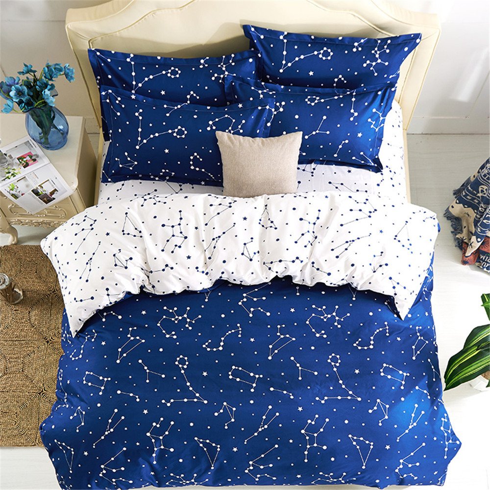 EsyDream Home Bedding,Blue Color Constellation 4PC Duvet Cover Sets,Space Style Kids Bedding Sets,Cotton & Microfiber (No Comforter),Twin Size (4pc Set)