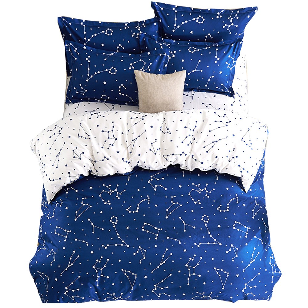 EsyDream Home Bedding,Blue Color Constellation 4PC Duvet Cover Sets,Space Style Kids Bedding Sets,Cotton & Microfiber (No Comforter),Twin Size (4pc Set)