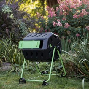 FCMP Outdoor HOTFROG Mobile 43-Gallon Dual Chamber Continuous Tumbling Composter with Wheels - Outdoor Rotating Garden Compost Bin, Black & Green