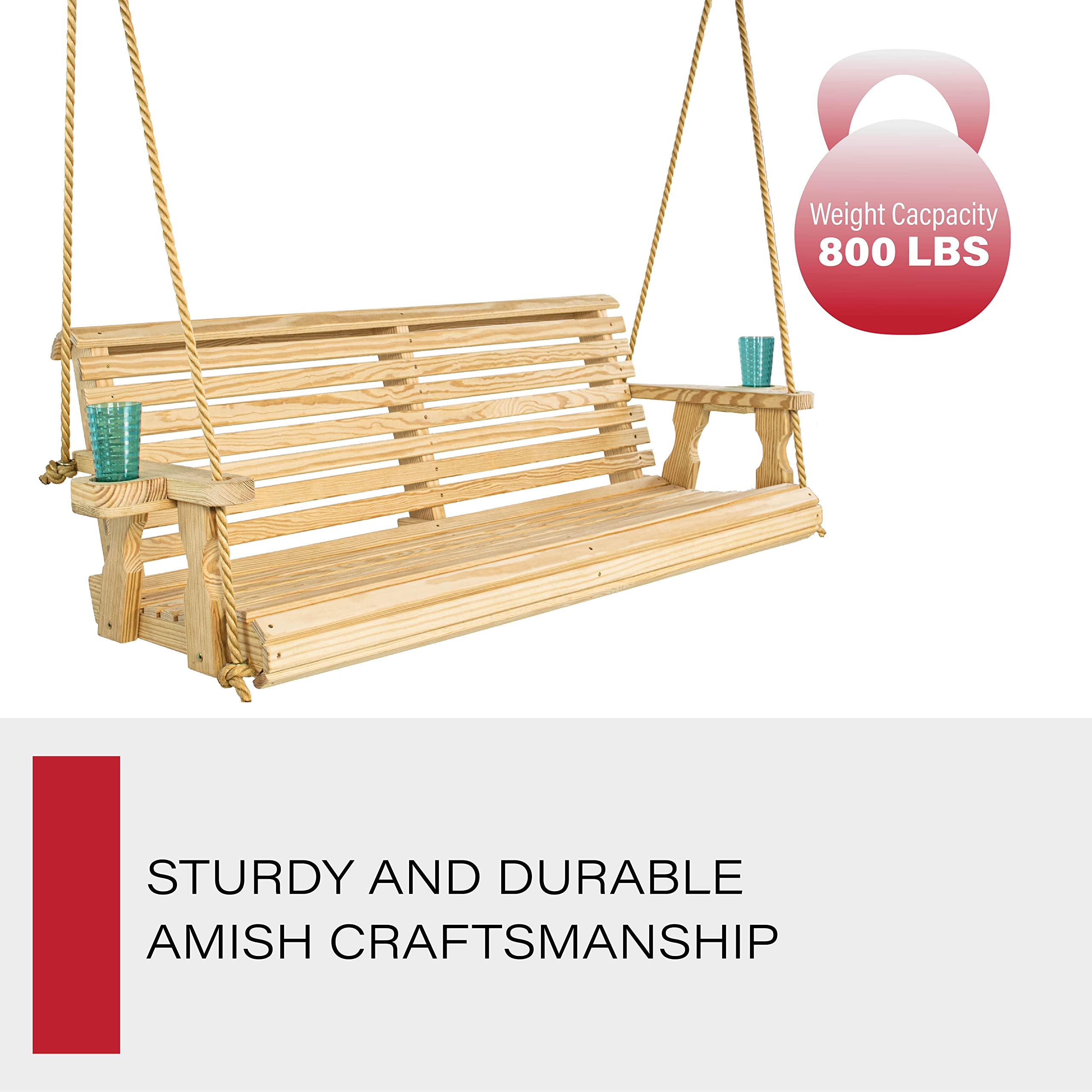 Amish Casual Heavy Duty 800 Lb Roll Back Treated Porch Swing with Hanging Ropes and Cupholders (4 Foot, Unfinished)