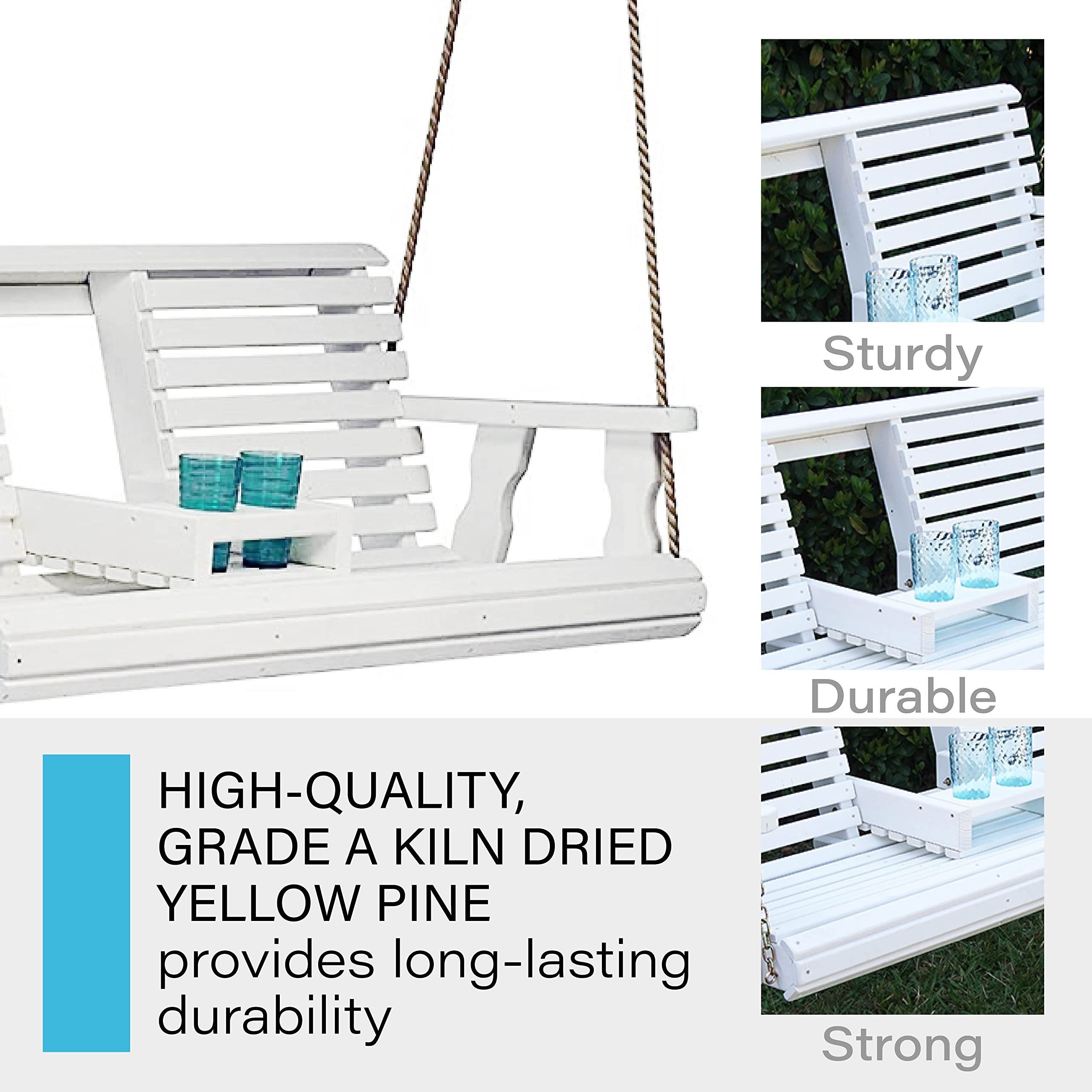 Porchgate Amish Heavy Duty 800 Lb Rollback Console Treated Porch Swing with Hanging Ropes (Semi-Solid White Stain)