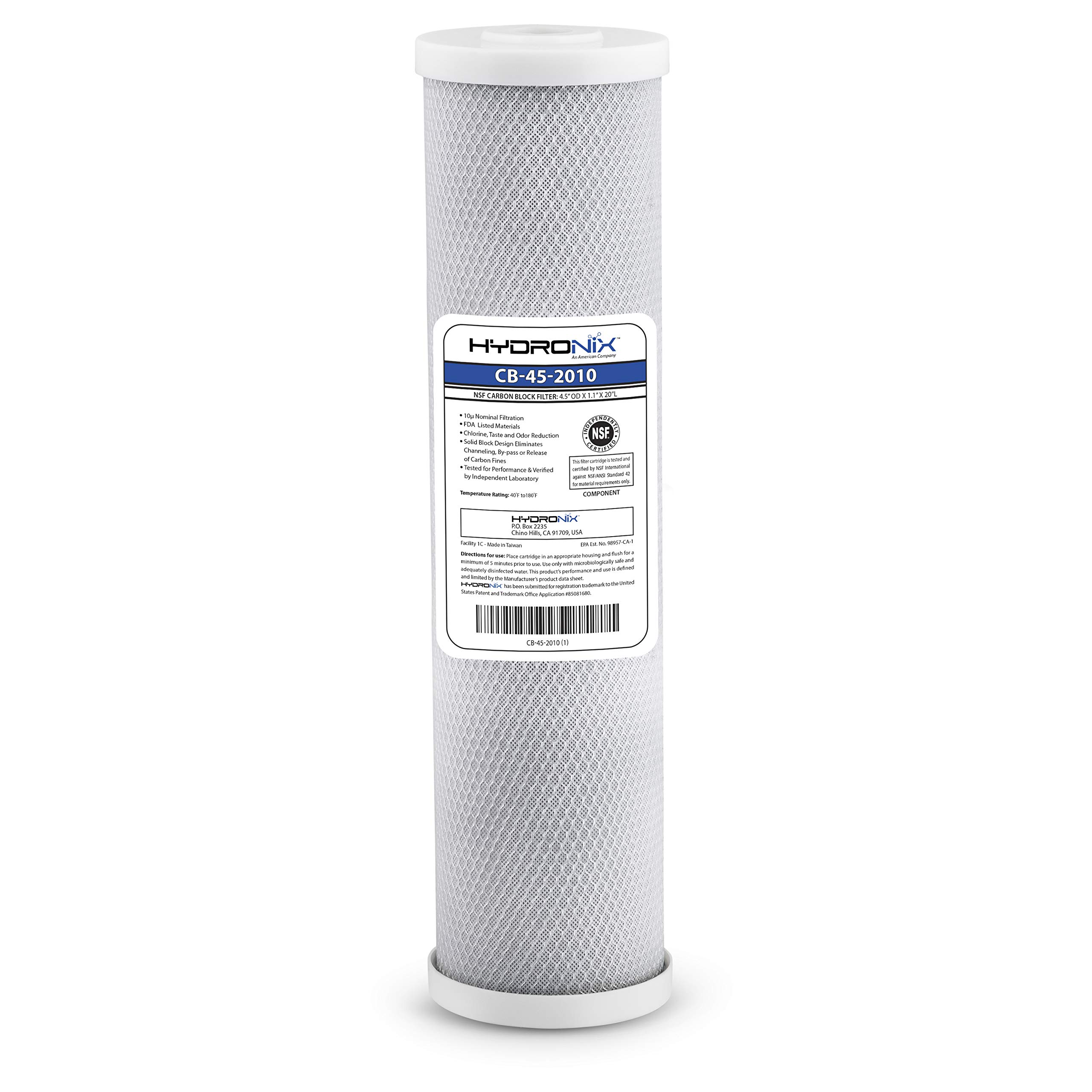 Hydronix CB-45-2010 Whole House, Commercial & Industrial NSF Coconut Carbon Block Water Filter, 4.5" x 20" - 10 Micron