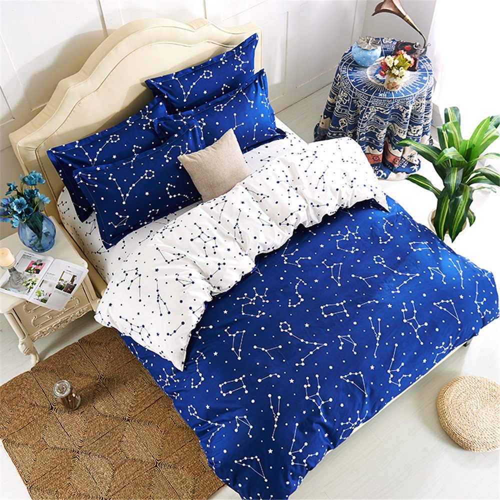 EsyDream Home Bedding,Blue Color Constellation 4PC Duvet Cover Sets,Space Style Kids Bedding Sets,Cotton & Microfiber (No Comforter),Twin Size (4pc Set)