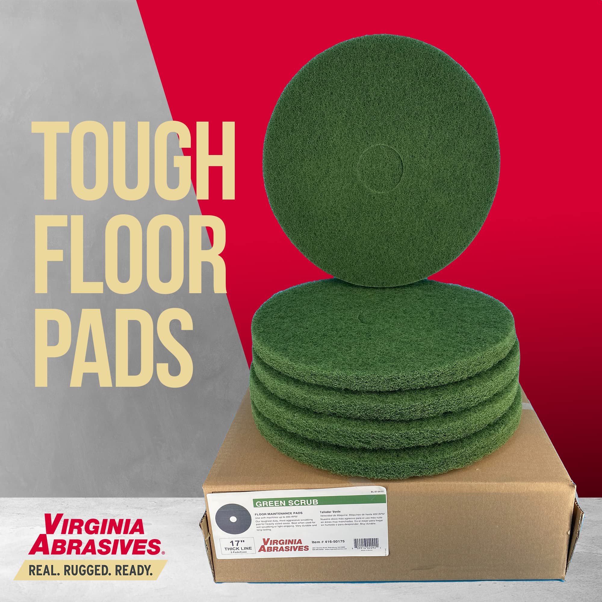 Virginia Abrasives 416-50165 Floor Maintenance Pads, Heavy-Duty Cleaning and Stripping Pads for Floor Machines. Non-Woven, Thick Scrubbing Pads for Replacement. Ensure Clean Floors! 5 Pack 16" Green