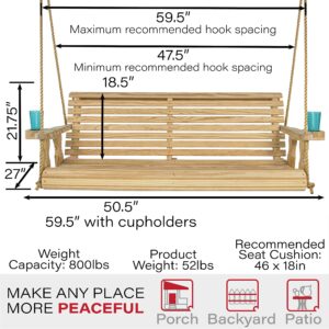 Amish Casual Heavy Duty 800 Lb Roll Back Treated Porch Swing with Hanging Ropes and Cupholders (4 Foot, Unfinished)