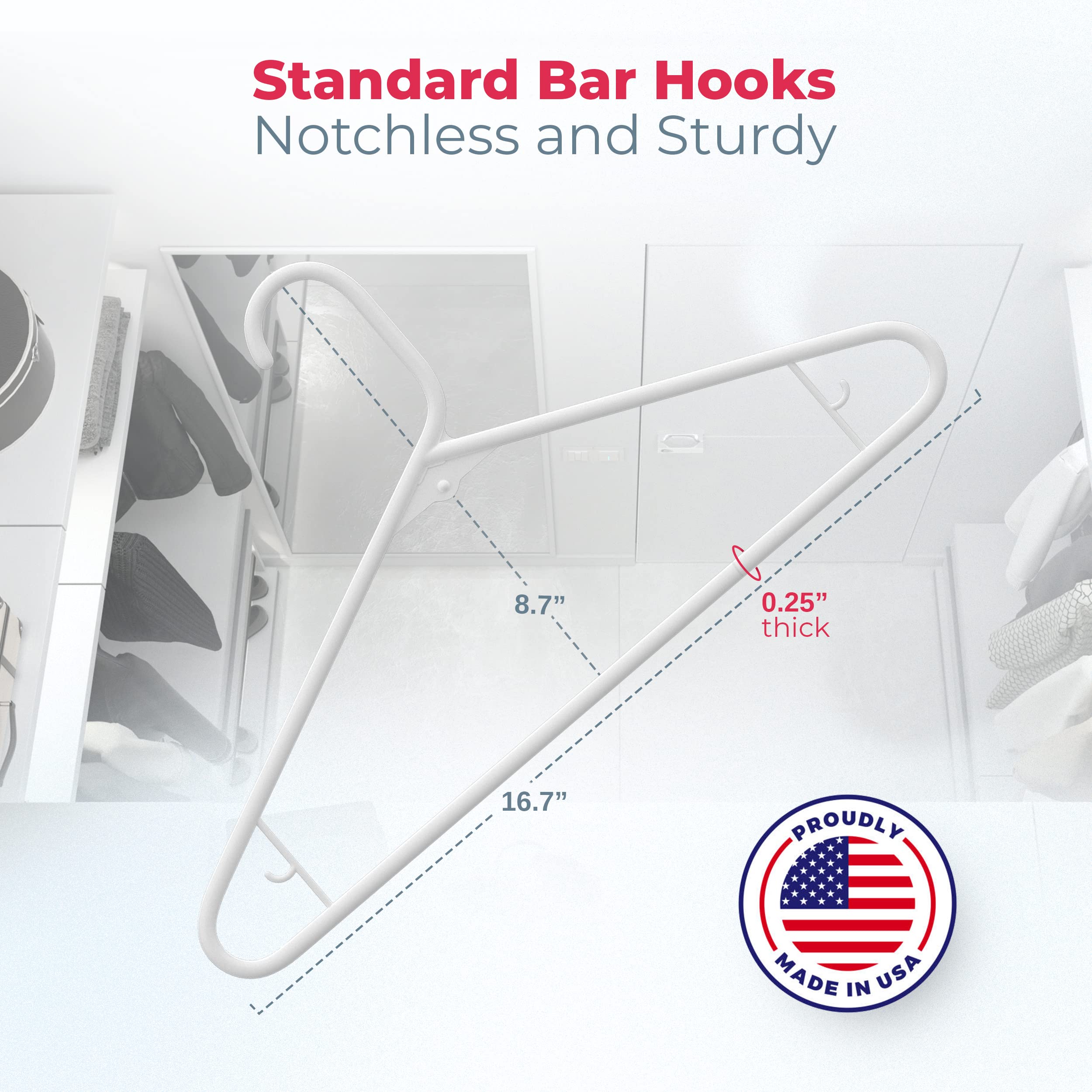 Made in USA Strong Plastic Clothes Hangers Bulk, 20 30 50 100 Pack Available, Laundry Clothes Hanger, Coat Hangers Plastic, Heavy Duty Plastic Hanger for Closet and Clothing Hangars (60pk White)