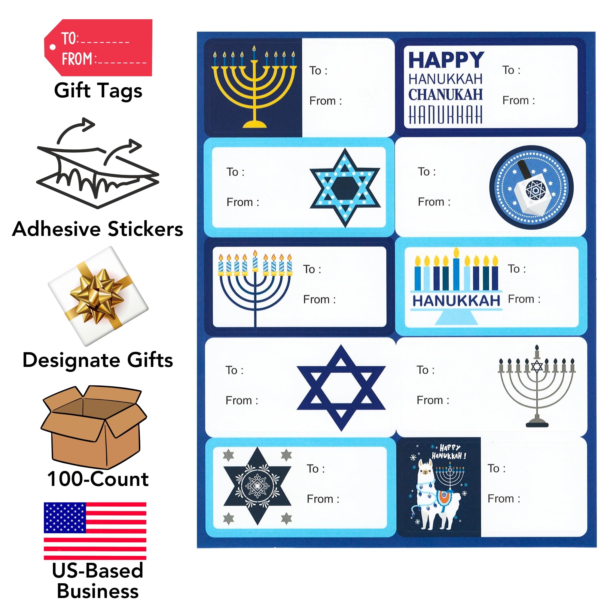 Iconikal Self-Adhesive Gift Tag Labels, Hanukkah, 100-Count