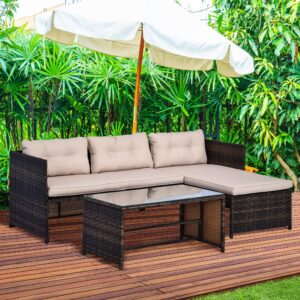 Outsunny 3 Piece Patio Furniture Set, Rattan Outdoor Sofa Set with Chaise Lounge & Loveseat, Soft Cushions, Tempered Glass Table, L-Shaped Sectional Couch, Beige