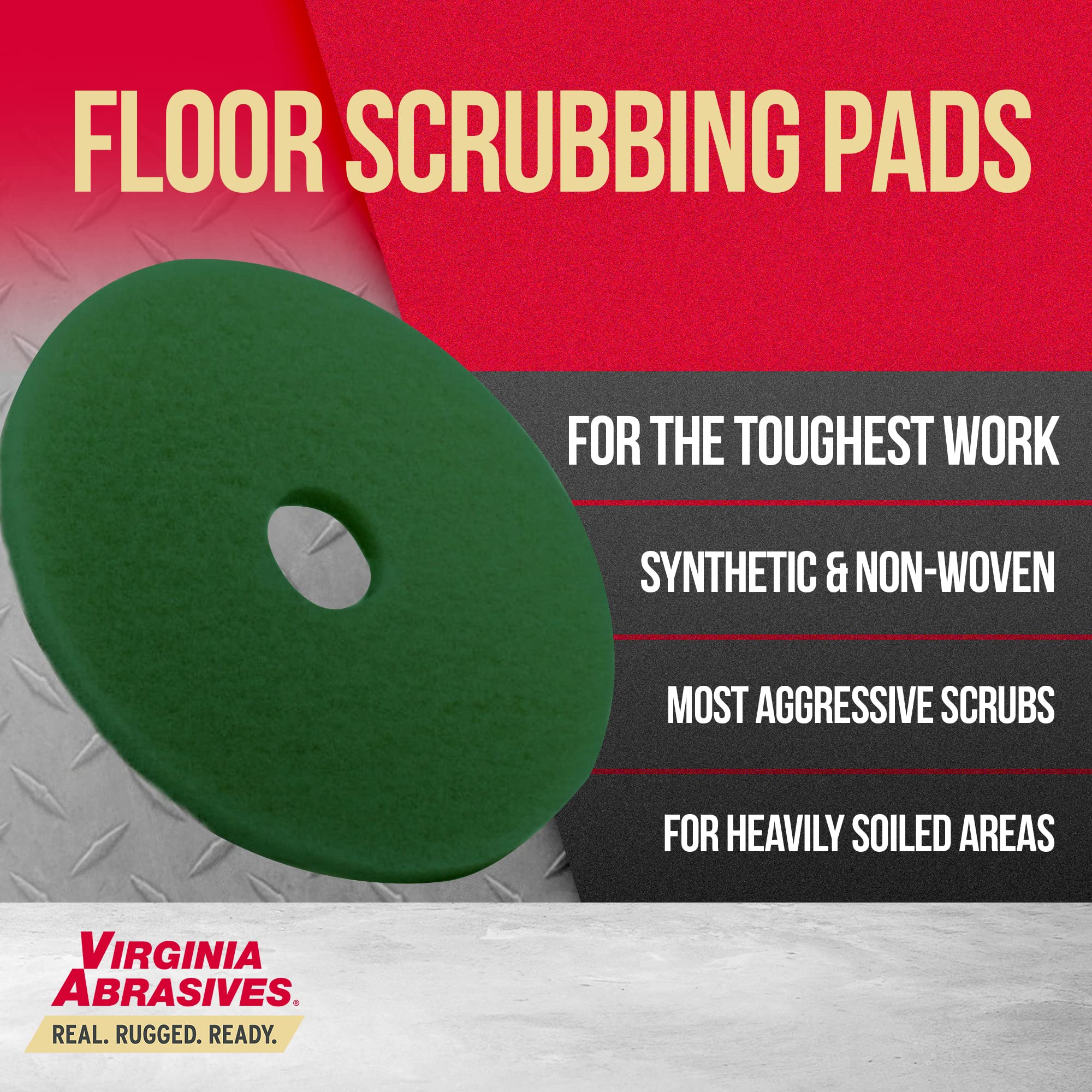 Virginia Abrasives 416-50165 Floor Maintenance Pads, Heavy-Duty Cleaning and Stripping Pads for Floor Machines. Non-Woven, Thick Scrubbing Pads for Replacement. Ensure Clean Floors! 5 Pack 16" Green